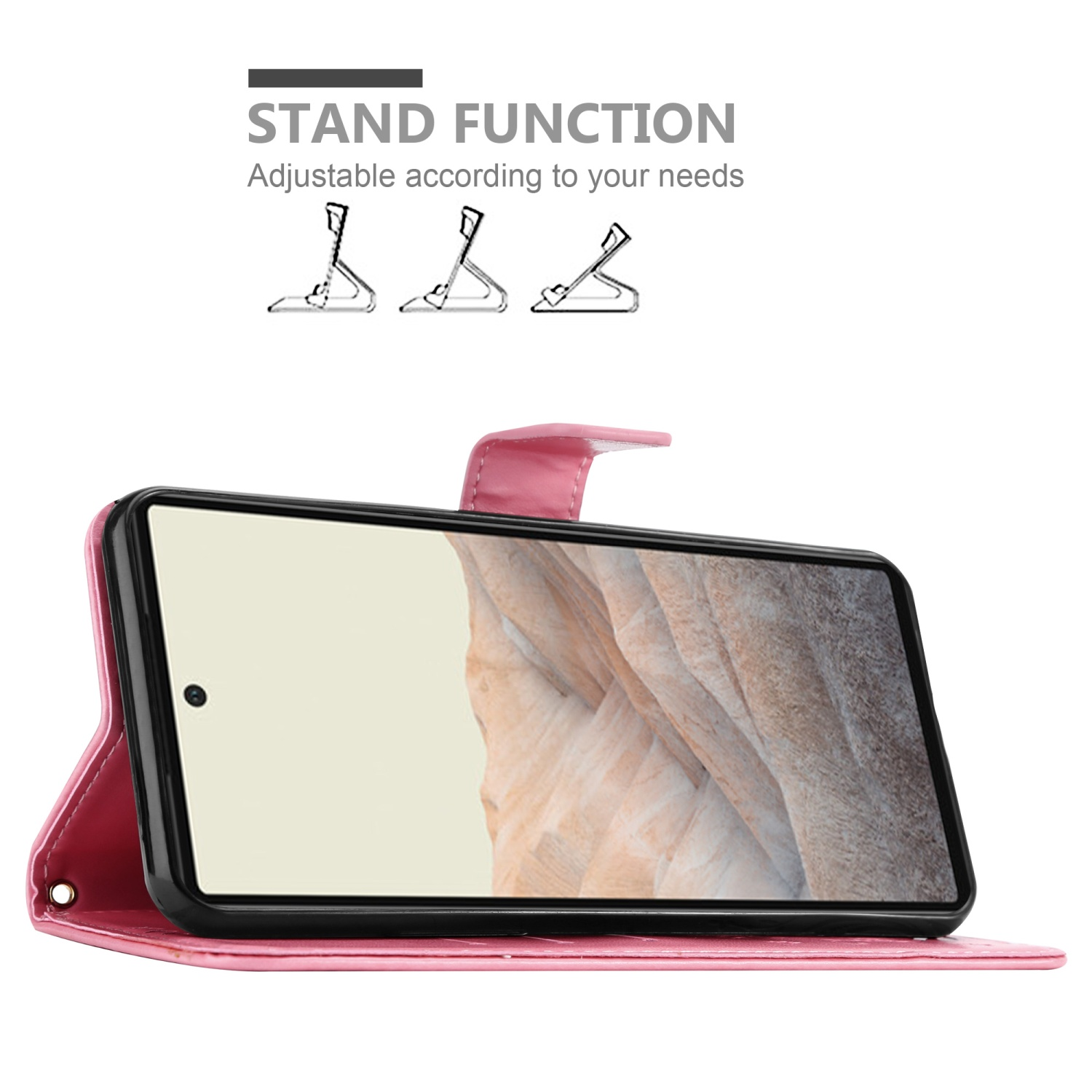 Custodia rosa per telefono in piedi. Schermo del telefono visibile, la custodia ha una funzione di supporto. Sfondo bianco.