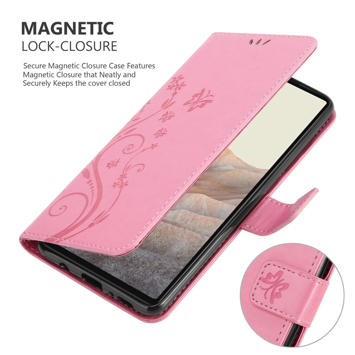 Custodia rosa aperta, che mostra il design floreale e lo schermo del telefono. Chiusura magnetica.