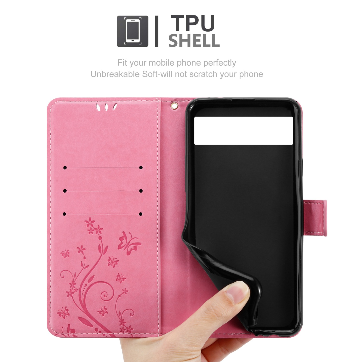 Custodia per telefono rosa aperta, che mostra l'interno con un telefono. Lo sfondo ha dei fiori.