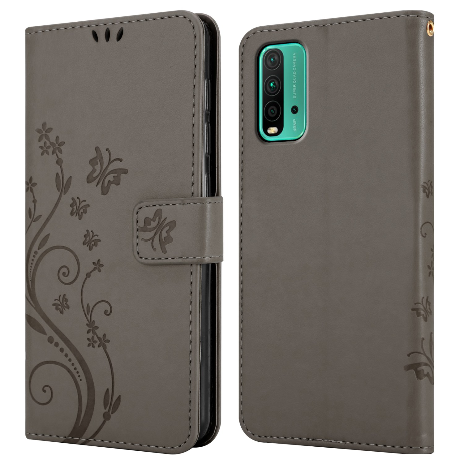 Custodia per telefono grigia, chiusa, che mostra un design. Testo sul lato. Il telefono ha 3 fotocamere.