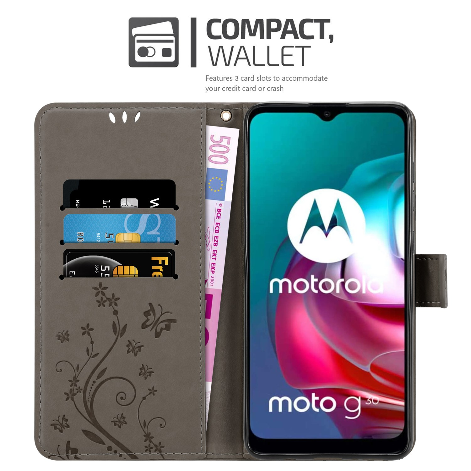 Custodia per telefono grigia con design floreale, tre fessure per carte, una banconota da 500 euro e un telefono.