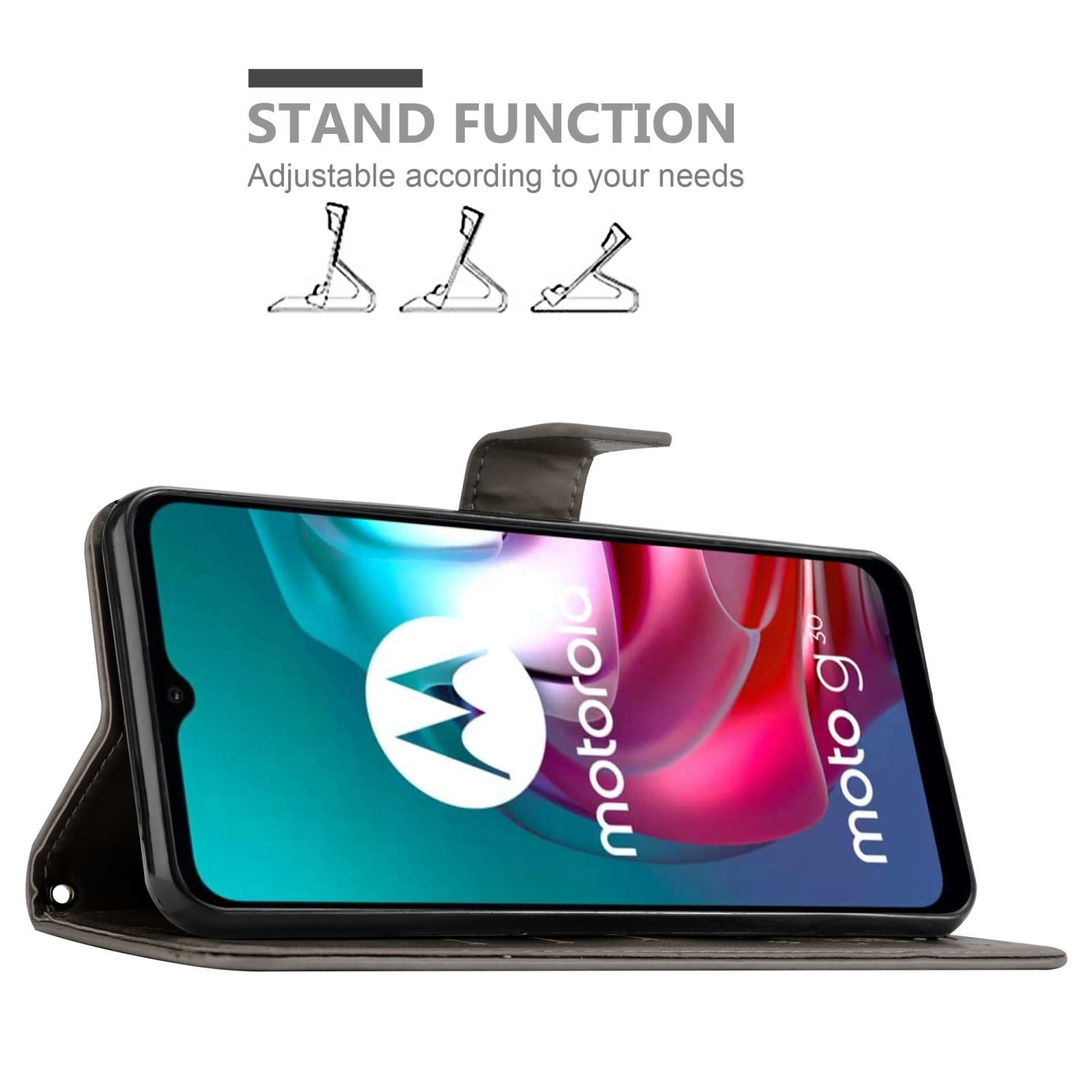 Custodia per telefono con funzione stand. Telefono sul display, che mostra lo schermo.