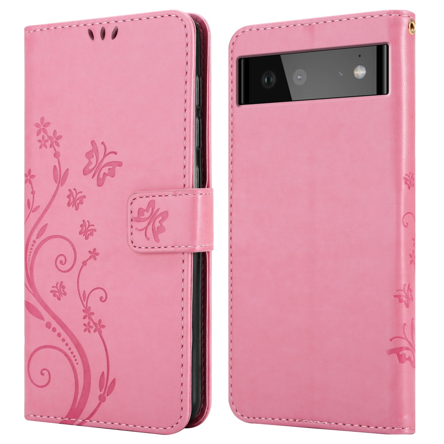 Custodia rosa per telefono con fiori e farfalle. Il telefono è aperto.