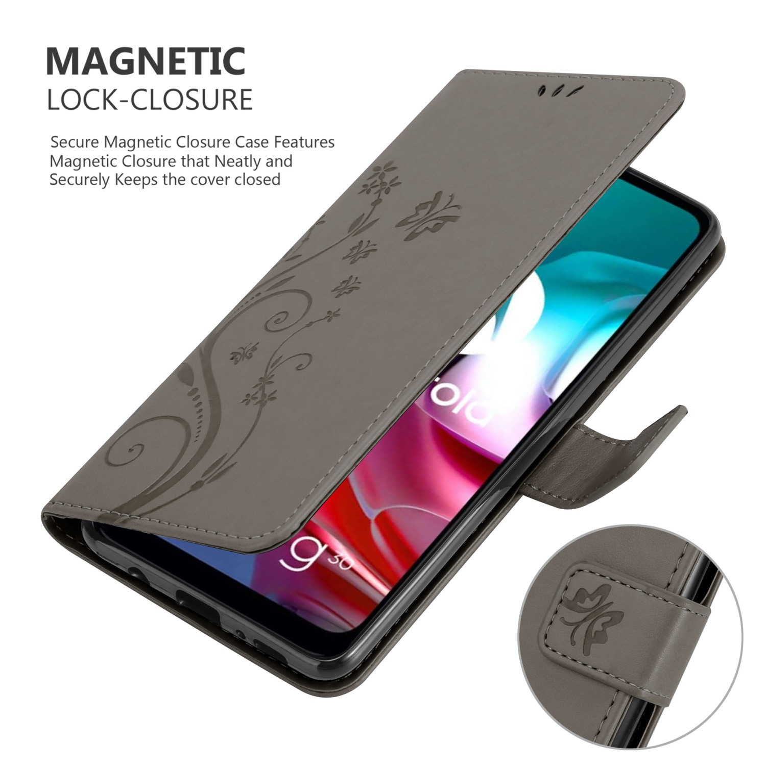Una custodia per telefono grigia aperta con un telefono all'interno. La custodia ha disegni floreali e una chiusura magnetica.
