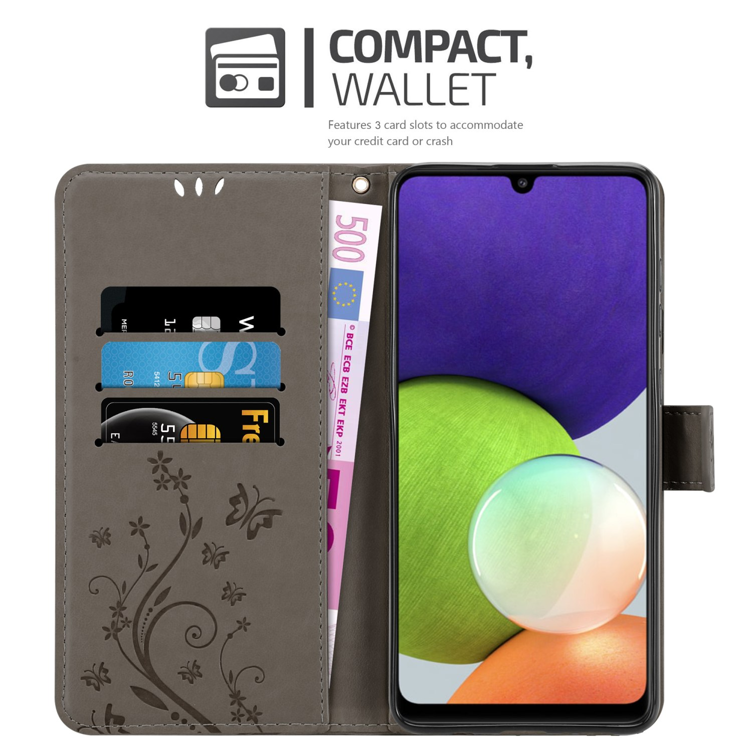 CADORABO Hülle M22 Muster FLORAL A22 / M32 / 4G, Flower Case, Blumen Samsung, GRAU Galaxy 4G Bookcover