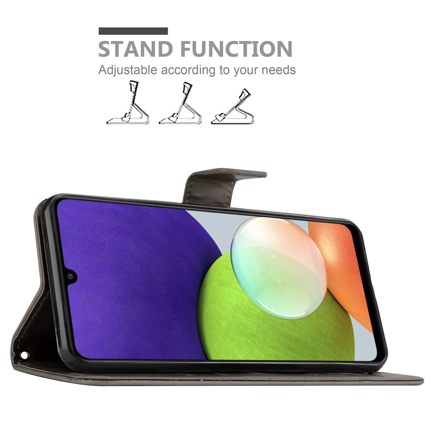 Custodia per telefono con telefono che mostra lo schermo. Funzione stand e dettaglio custodia.