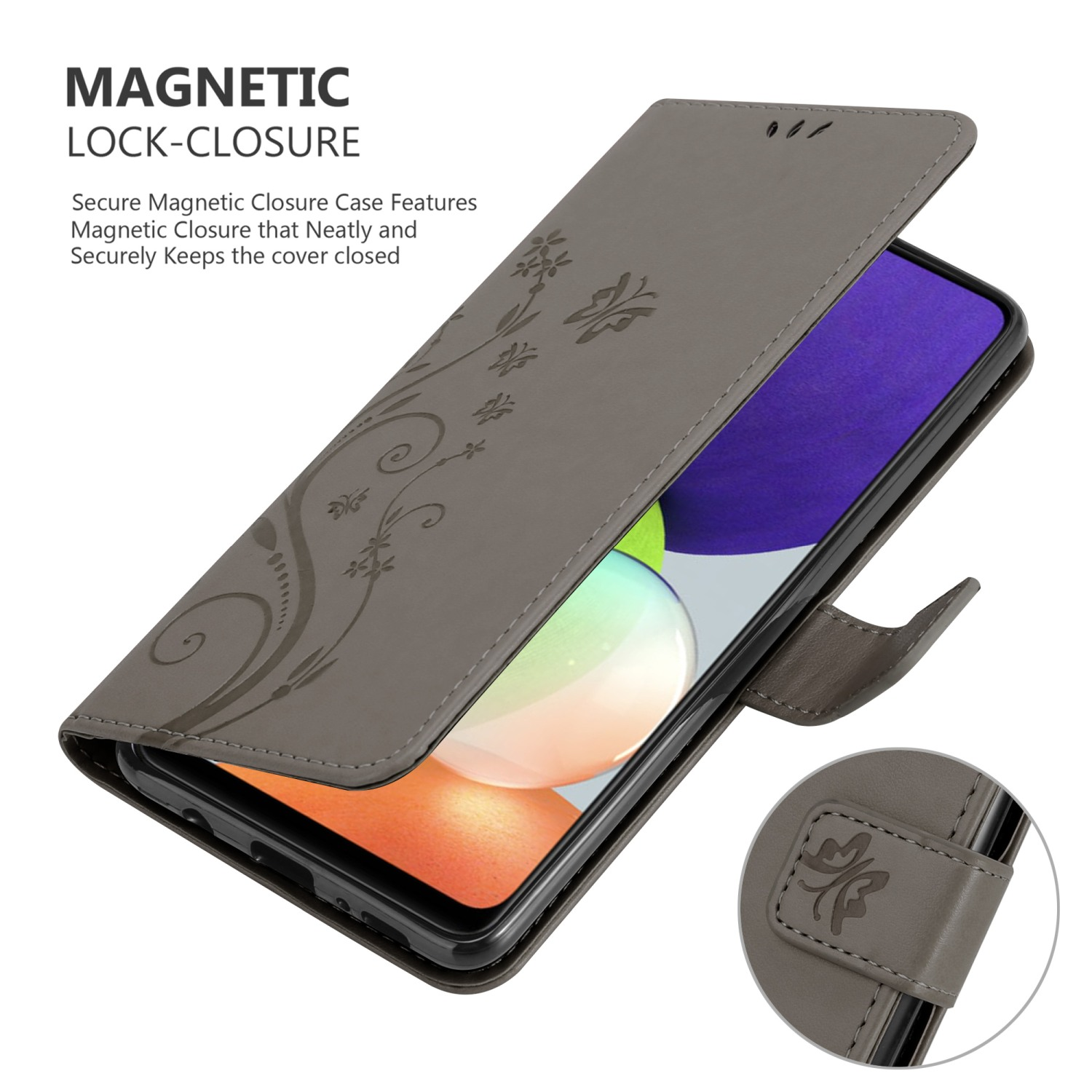 Custodia grigia per telefono con design floreale, che mostra la custodia aperta con il telefono dentro.