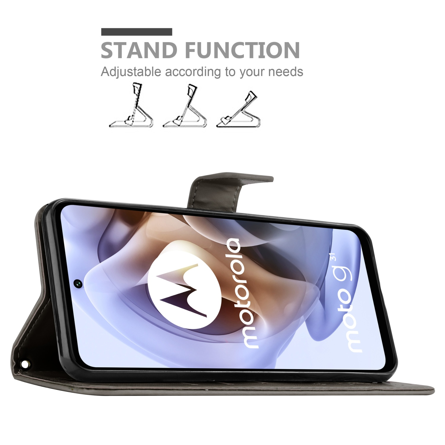 Una custodia per telefono aperta, che rivela un telefono con il logo Motorola sullo schermo, supporto mostrato.