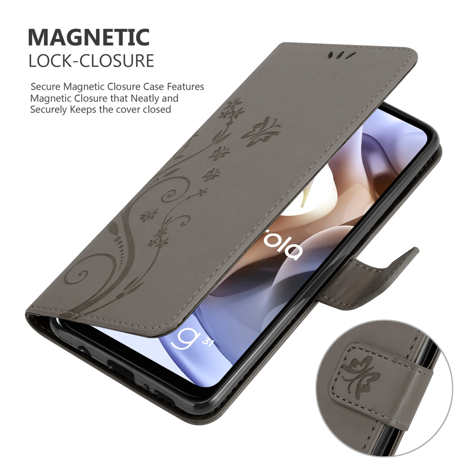Una custodia grigia per telefono con design floreale, aperta, che mostra un telefono.