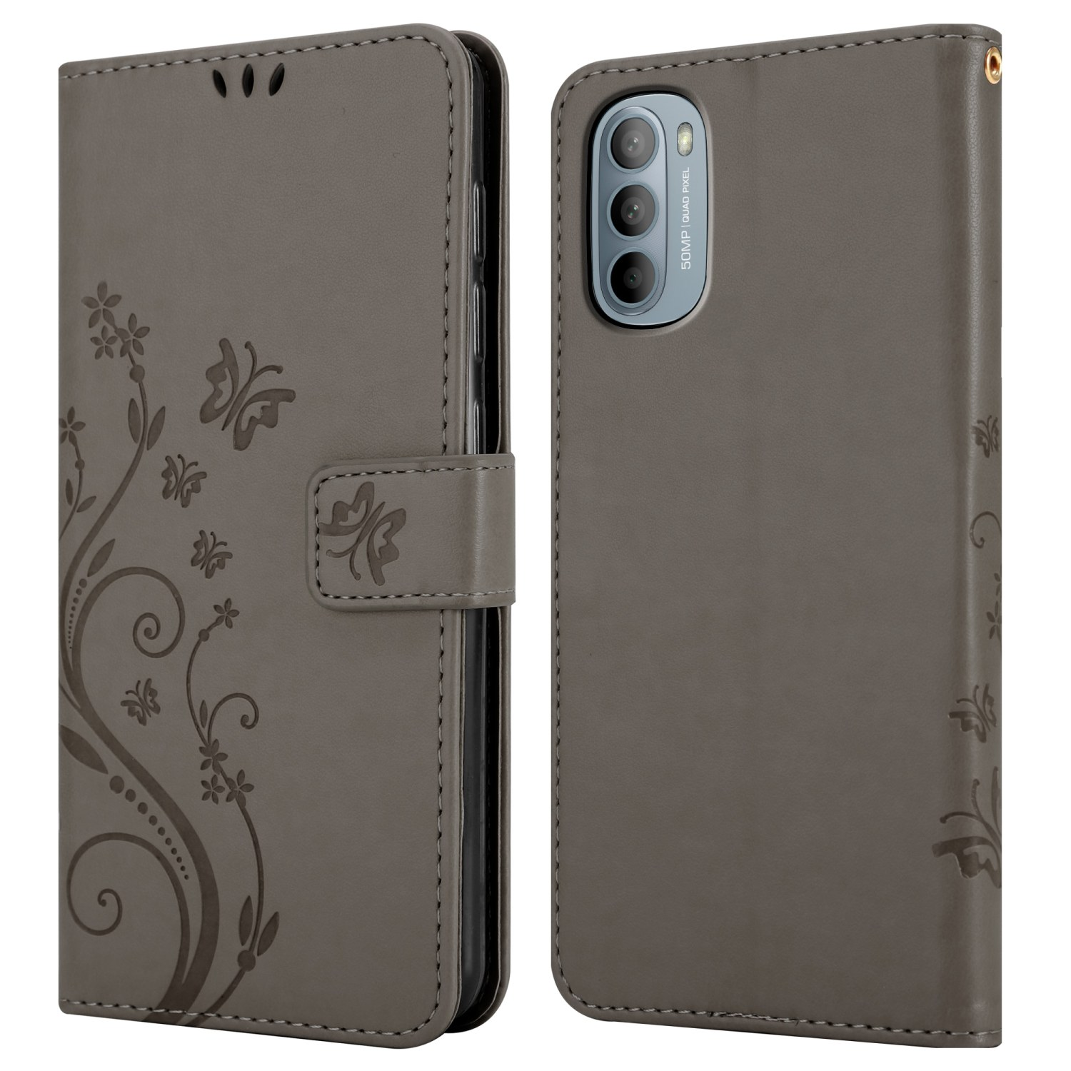 Una custodia per telefono grigia con disegni floreali e una chiusura magnetica.