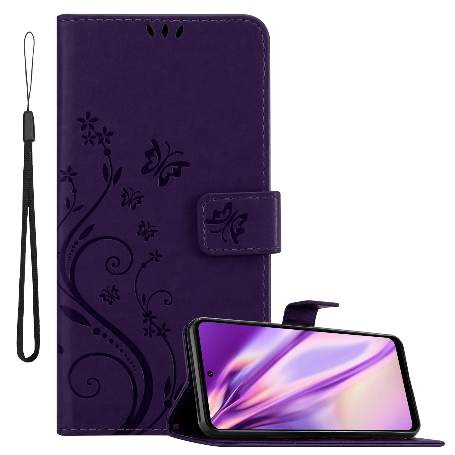 Custodia viola aperta, mostra telefono. Motivi floreali, cinturino da polso appeso.