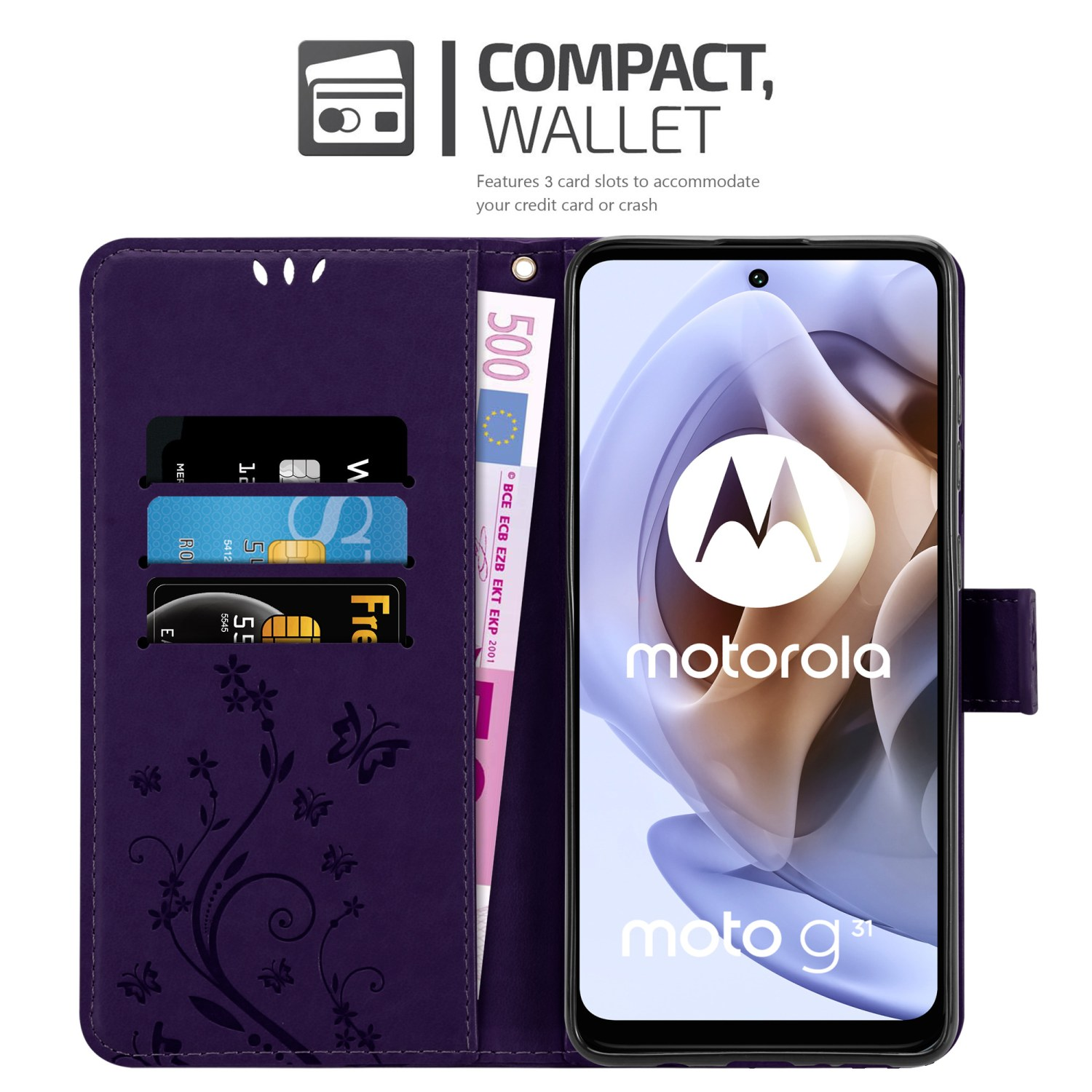Custodia per telefono viola con un telefono all'interno, con fessure per carte di credito e un vano per soldi.