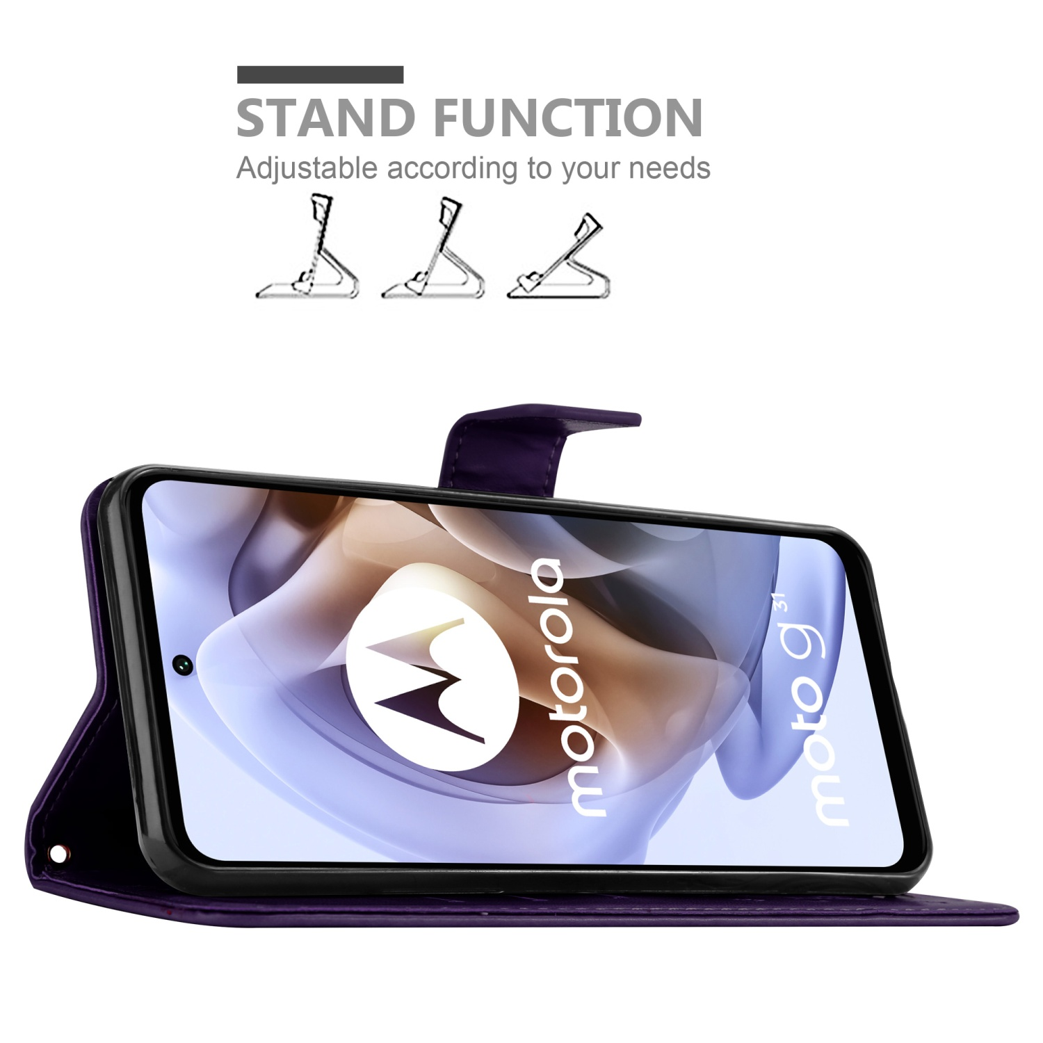 Una custodia viola con telefono all'interno, puntellata. Il telefono mostra 'Motorola moto g'.