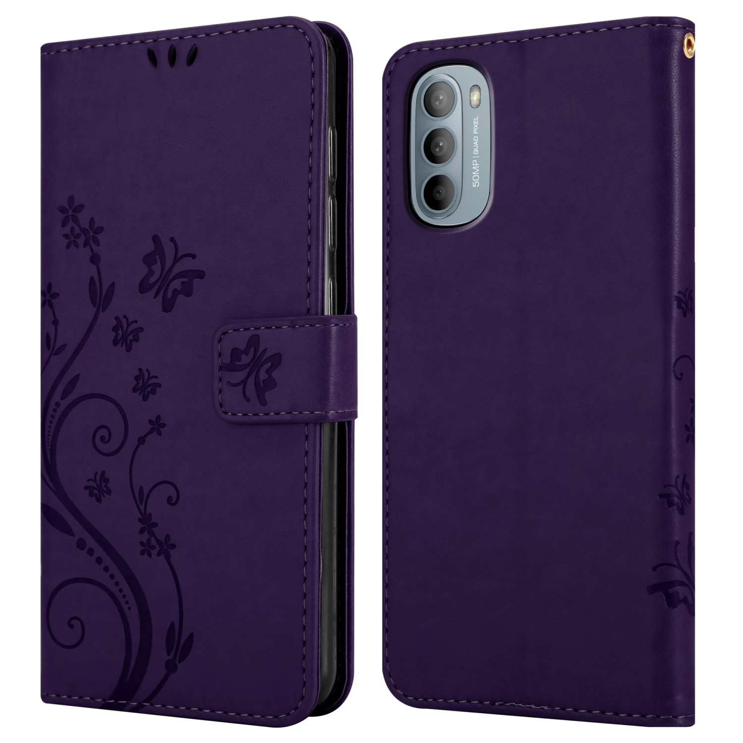 Una custodia per telefono in pelle viola con un design a farfalla. È aperta e chiusa.