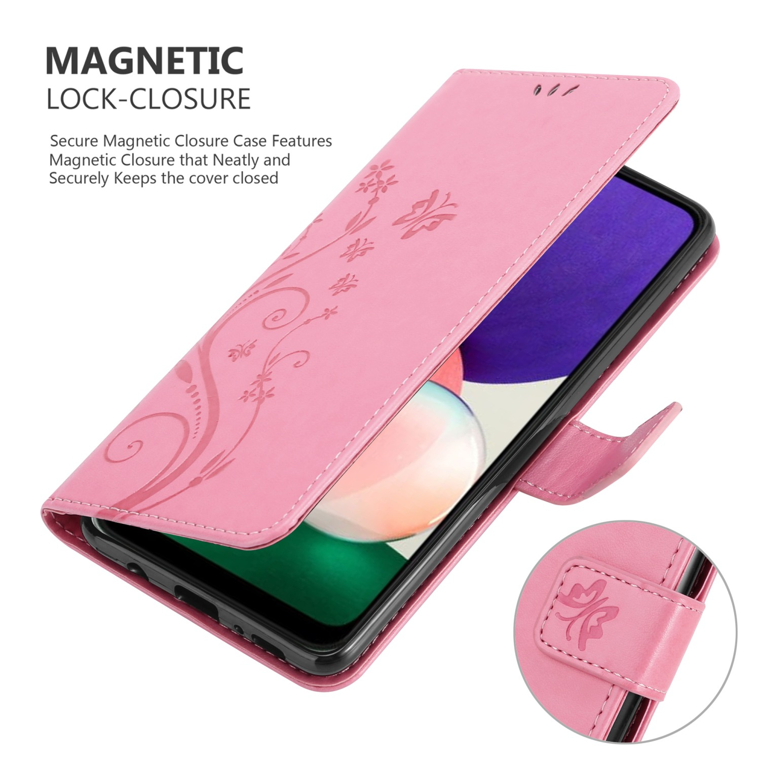 Custodia per telefono rosa aperta, che rivela lo schermo di un telefono. Design floreale sulla cover, chiusura magnetica.