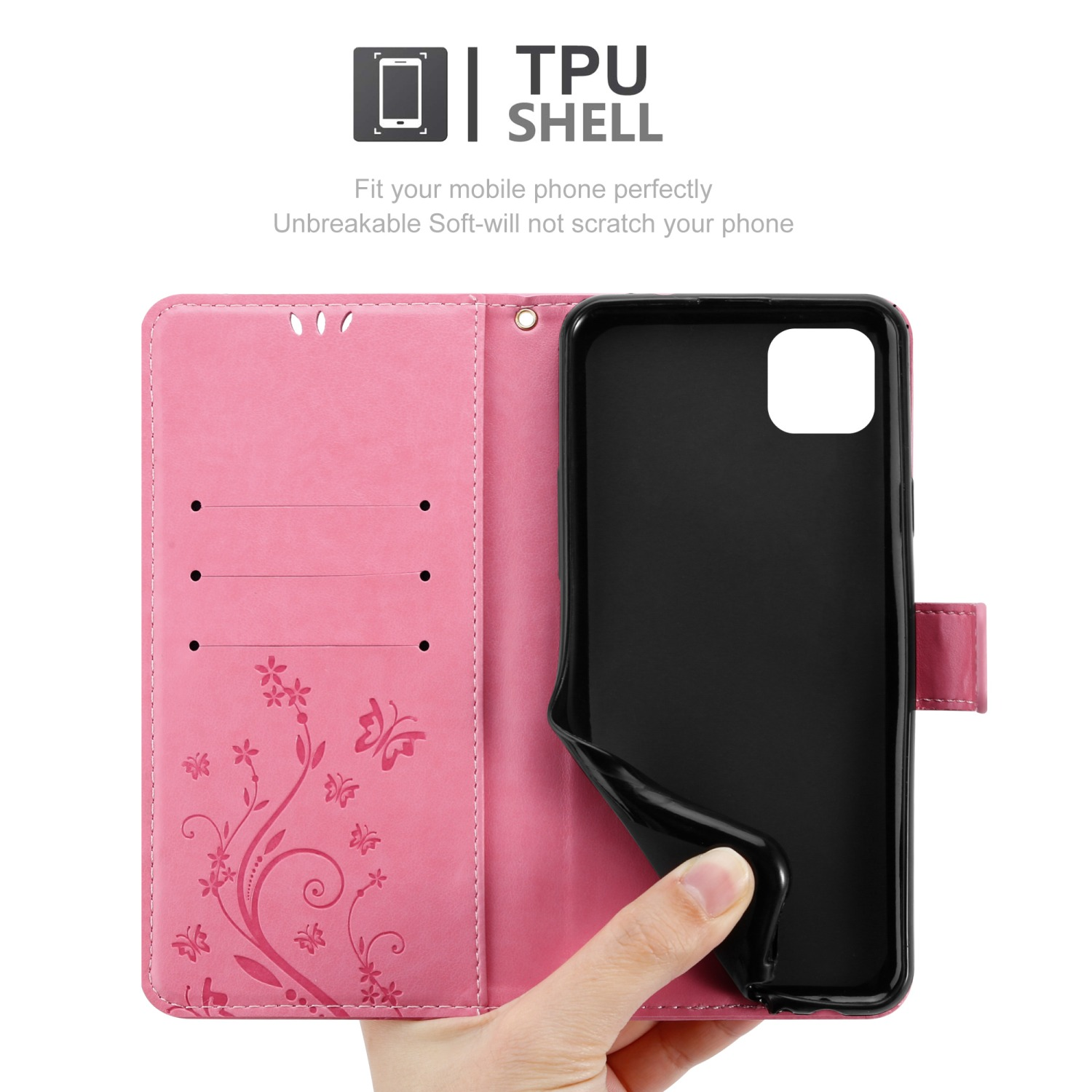Custodia a portafoglio rosa con telefono all'interno. La custodia è aperta. Ci sono slot per schede.