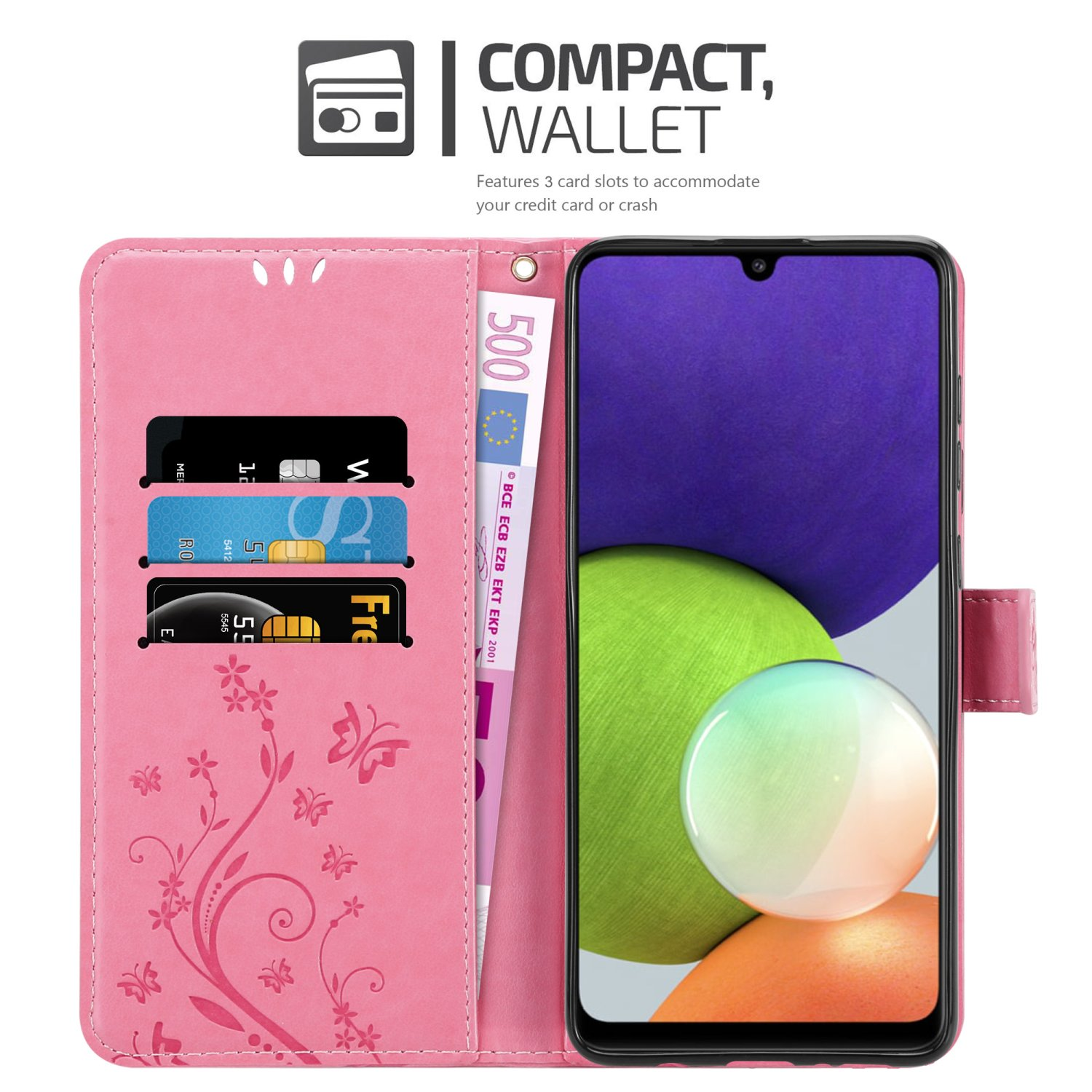 Una custodia per telefono rosa con slot per carte e un telefono con sfondo verde e arancione.