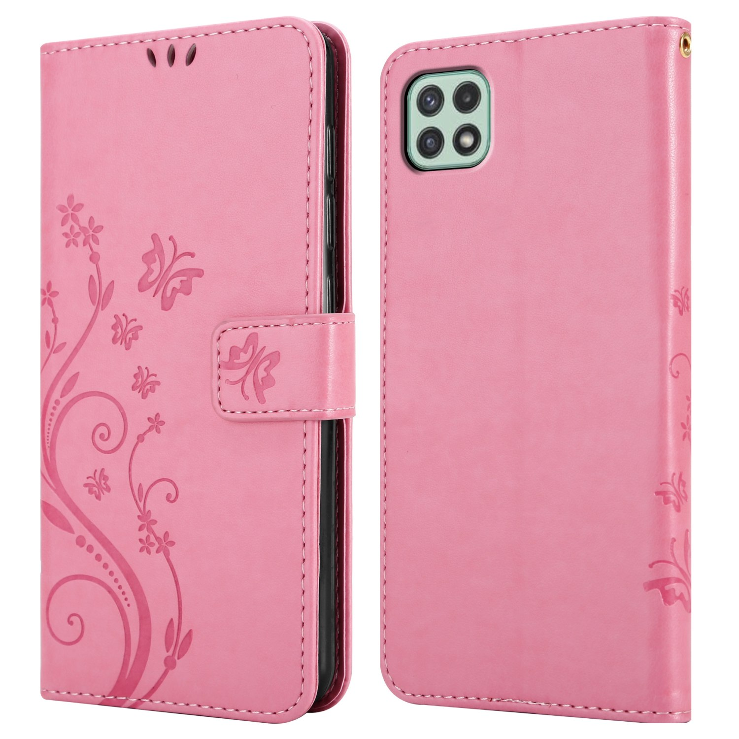 Custodia rosa con design floreale, aperta. Sfondo bianco.