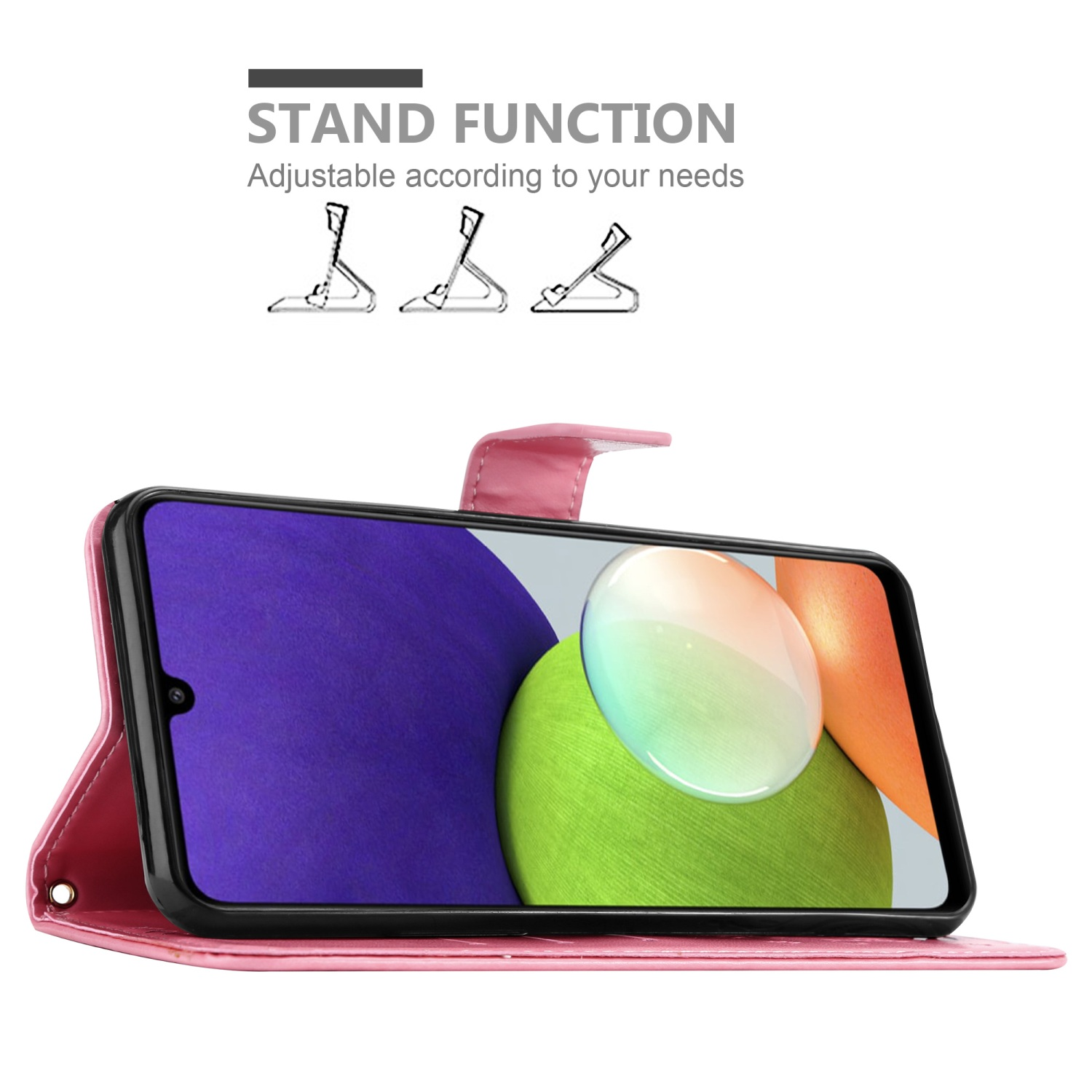 Custodia rosa con funzione stand, supporta il telefono. Schermo del telefono visibile.