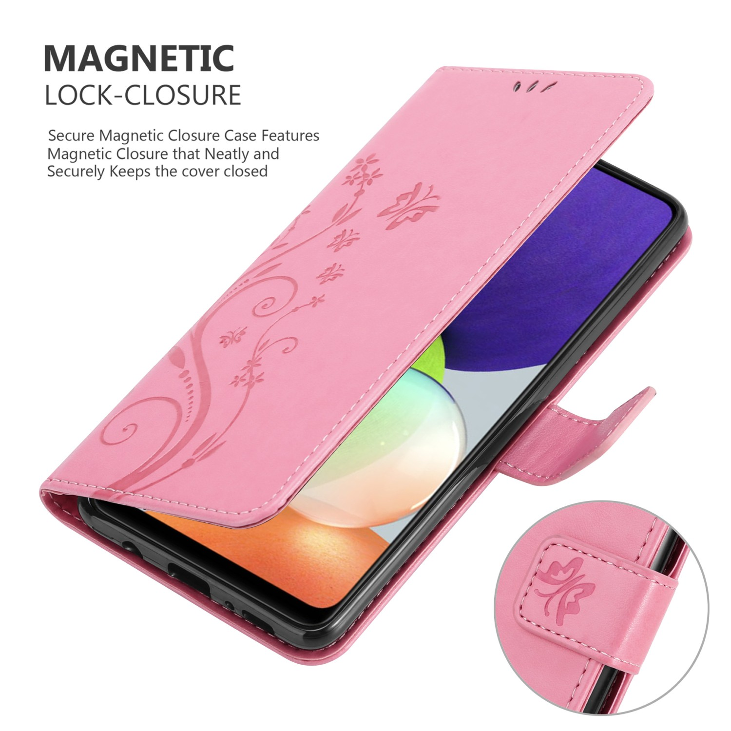 Custodia per telefono rosa aperta, che mostra un design floreale, con un telefono all'interno. Viene evidenziata la chiusura magnetica.