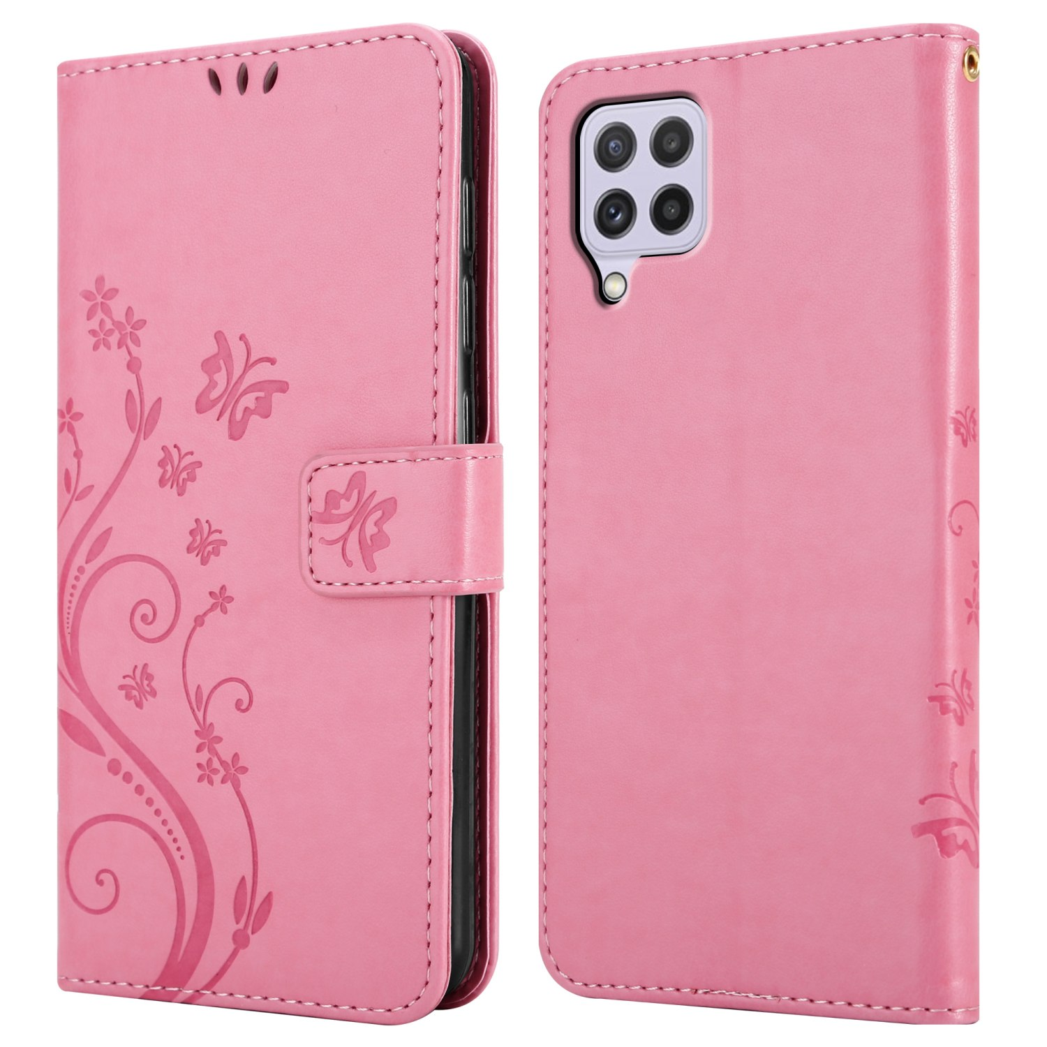 Custodia rosa per telefono, aperta mostra il telefono. Design floreale e farfalle.