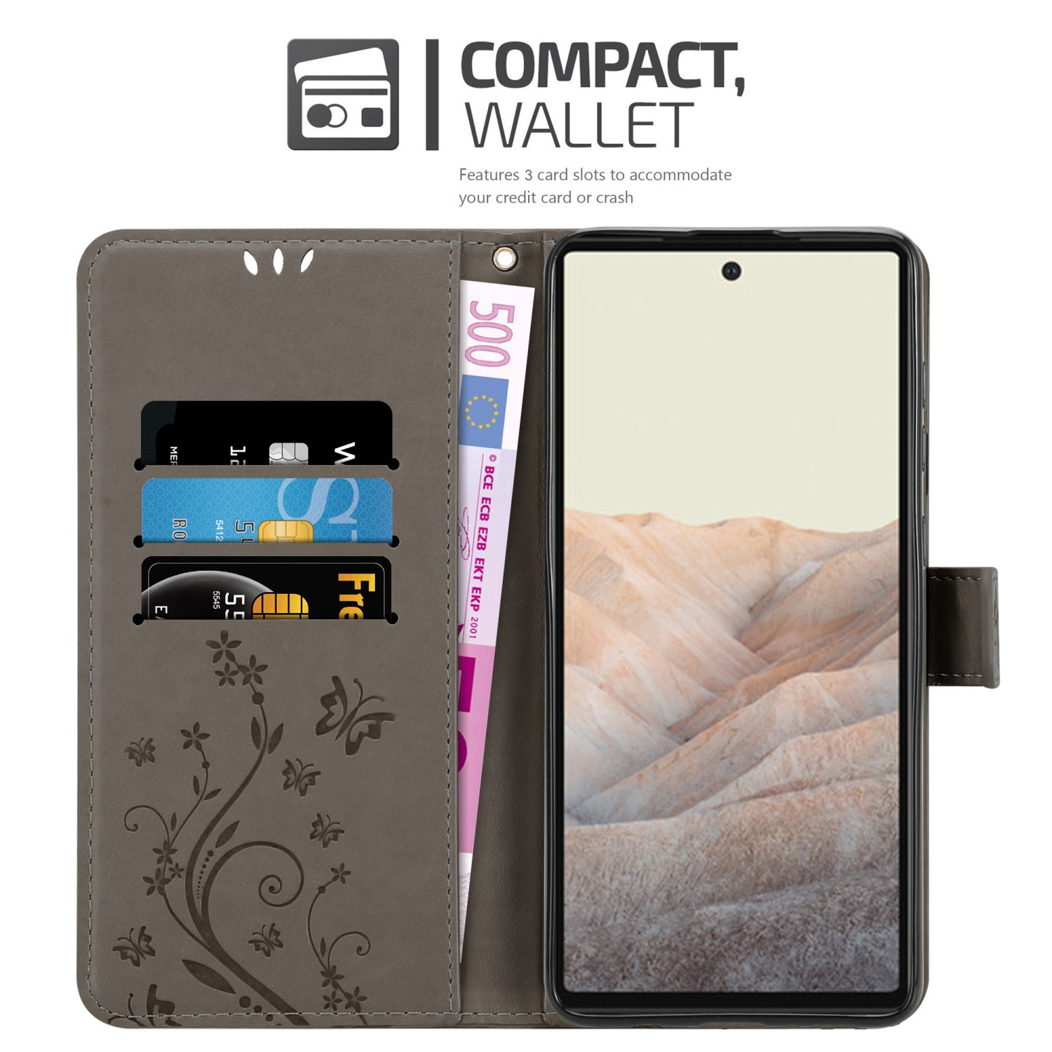 Custodia per telefono grigia con scomparti per carte, un telefono e una banconota all'interno, con design a portafoglio compatto.