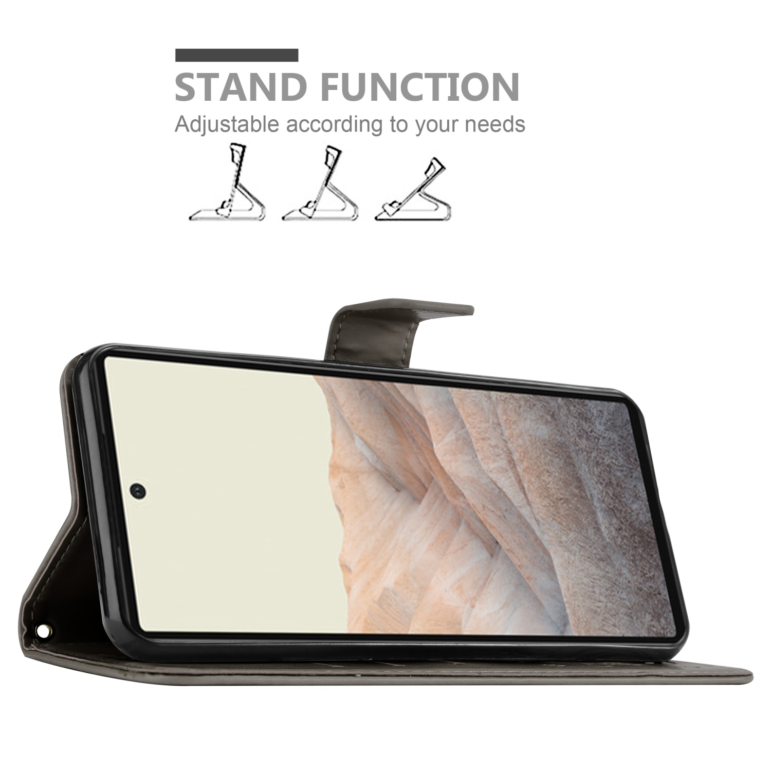 Custodia grigia con funzione stand, aperta per mostrare lo schermo del telefono. Testo: funzione stand, regolabile.