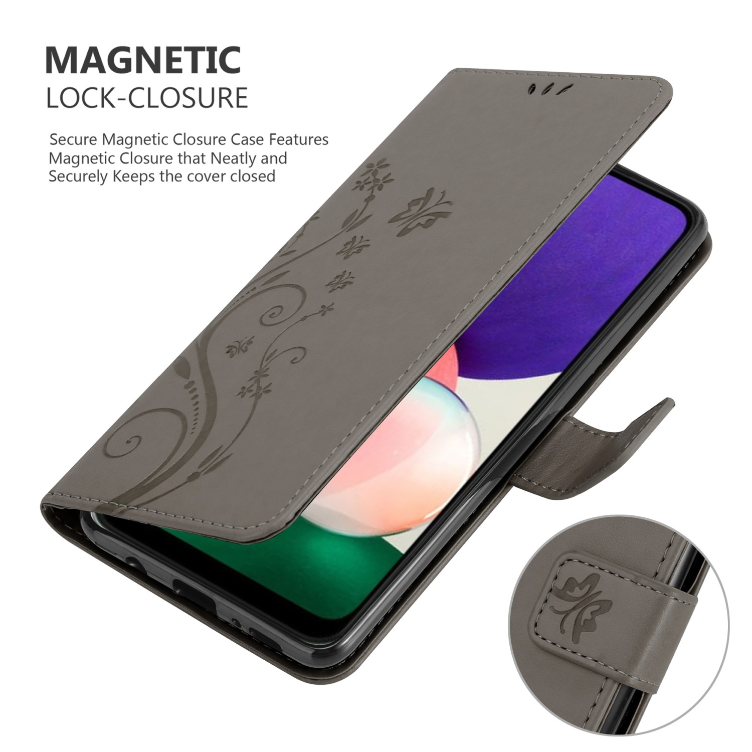 Custodia grigia per telefono, design floreale, chiusura magnetica. Il telefono è parzialmente visibile.
