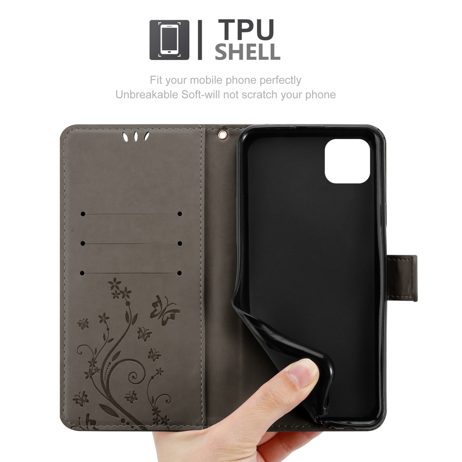 Custodia per telefono grigia aperta con design floreale, mano che tiene il telefono. Interno nero del telefono visibile.