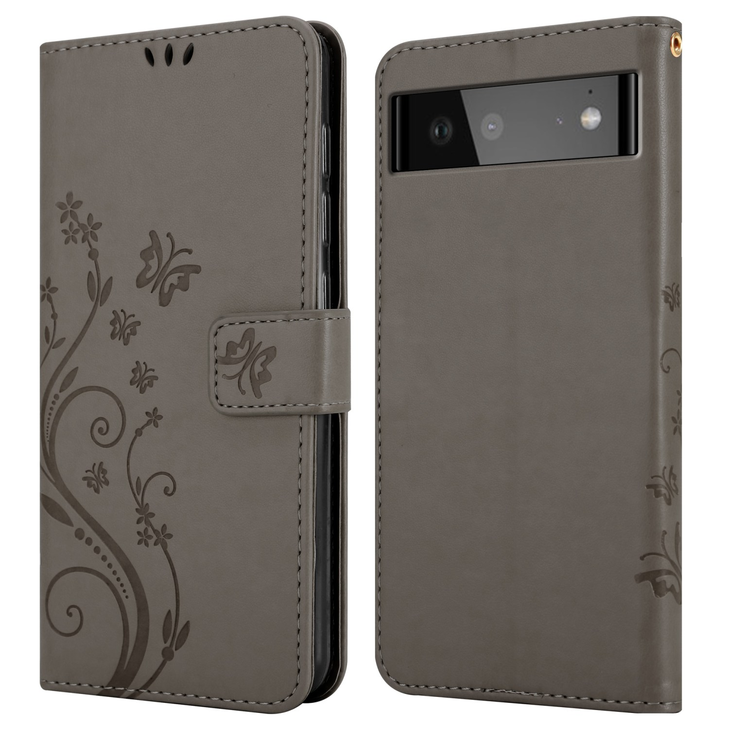 Custodia per telefono grigia, aperta e chiusa. Con disegni floreali e impronte di farfalle. Il telefono ha una fotocamera.