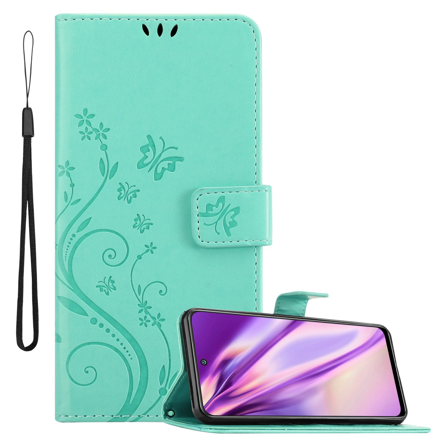Custodia per telefono verde acqua con design floreale. Sfondo bianco.