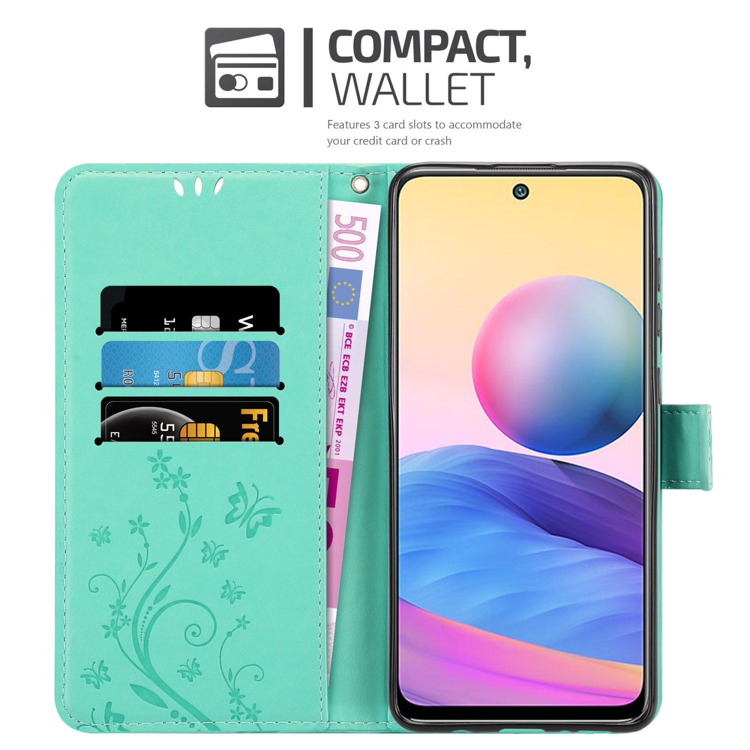 Custodia per telefono color turchese con slot per carte e denaro. Un telefono è all'interno. Testo COMPATTO, PORTAFOGLIO visibile.