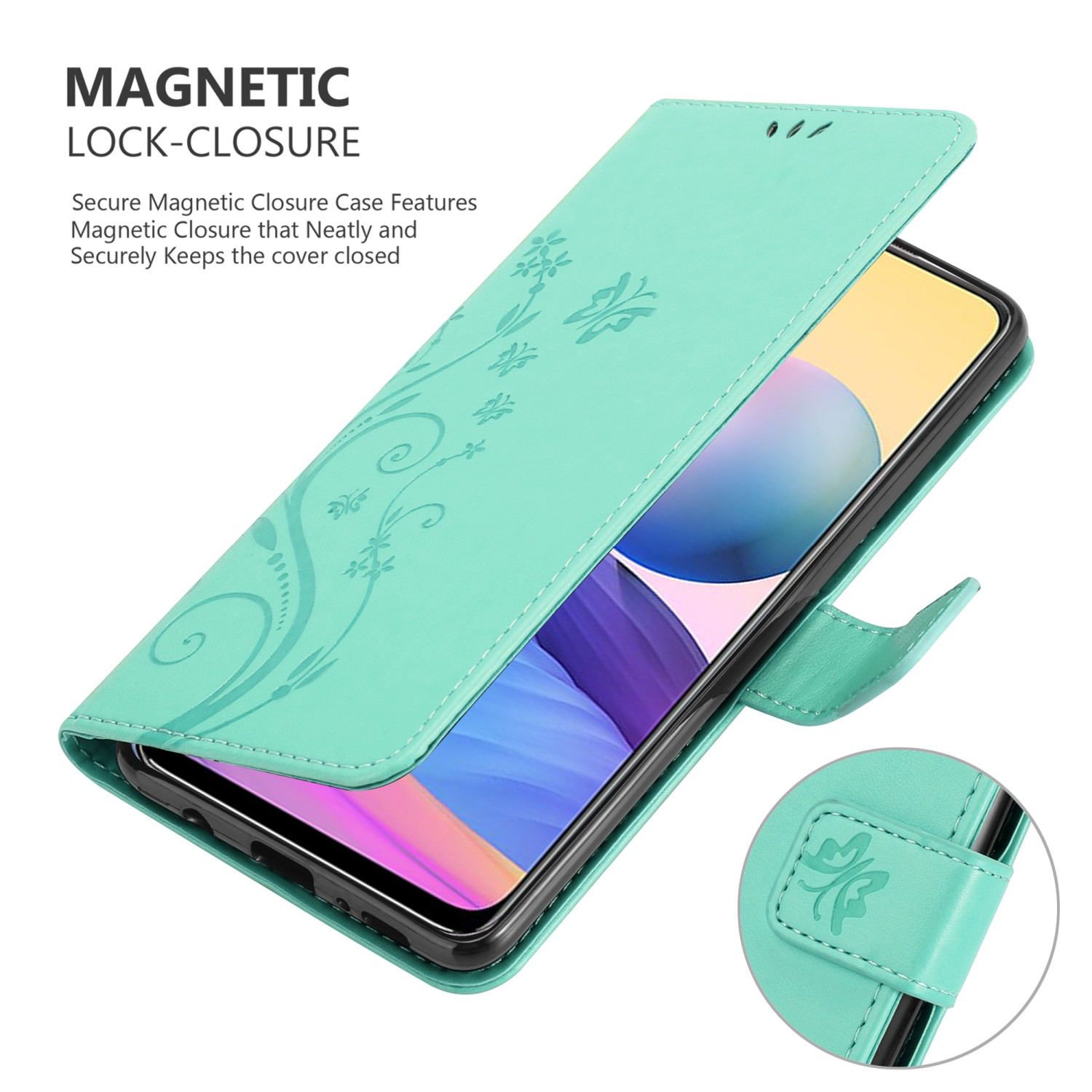 Custodia per telefono verde, aperta e che mostra il telefono. La custodia ha un design floreale e chiusura magnetica.