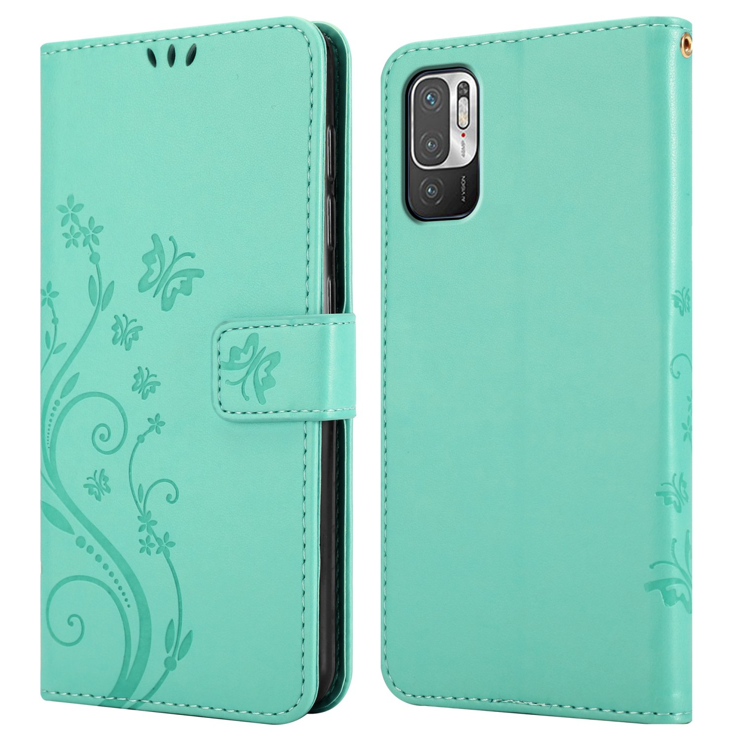 Custodia per telefono verde menta con design floreale, aperta, che mostra un telefono. Sfondo bianco.