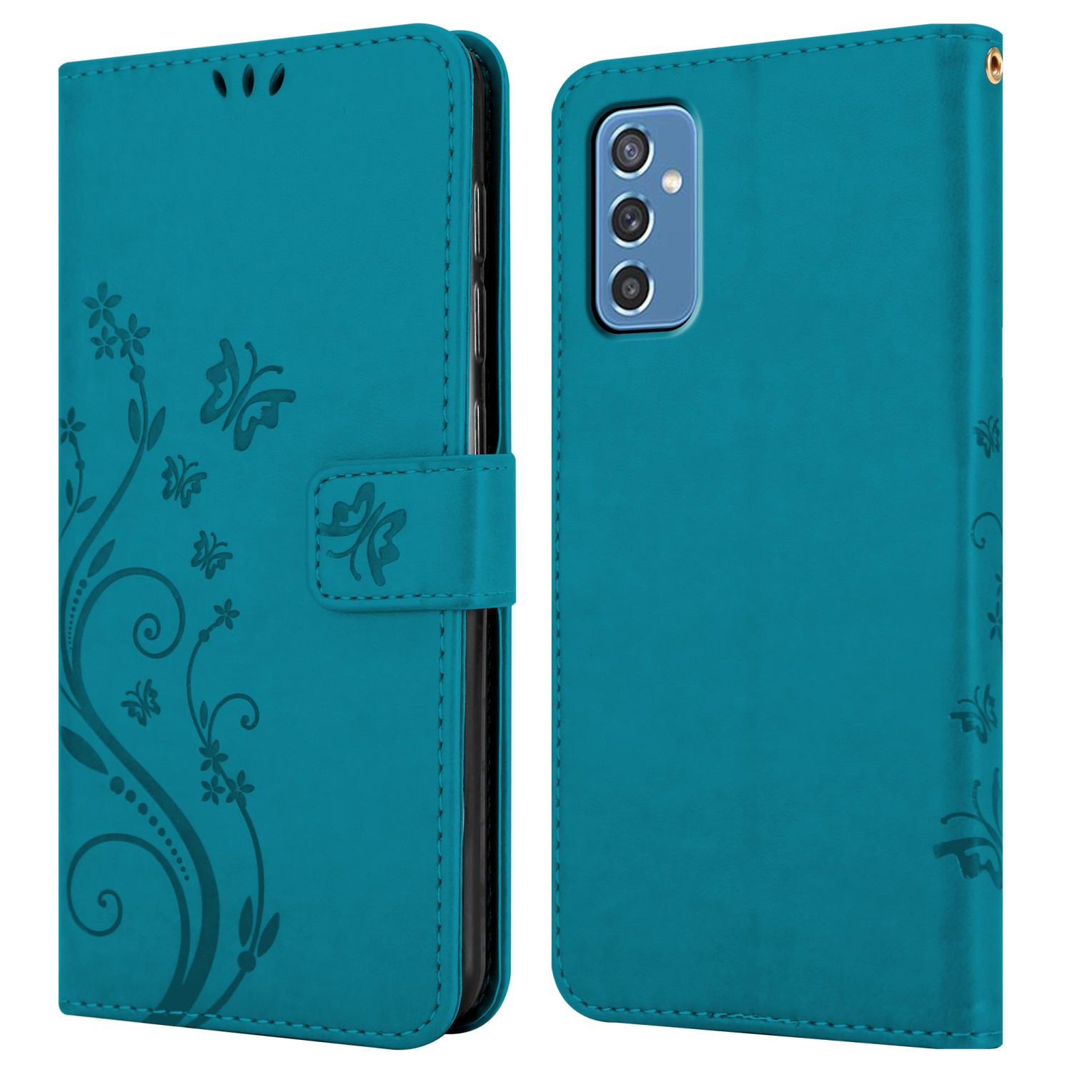 Custodia del telefono verde acqua aperta. Design floreale e fotocamera del telefono visibile. Le custodie sono aperte.