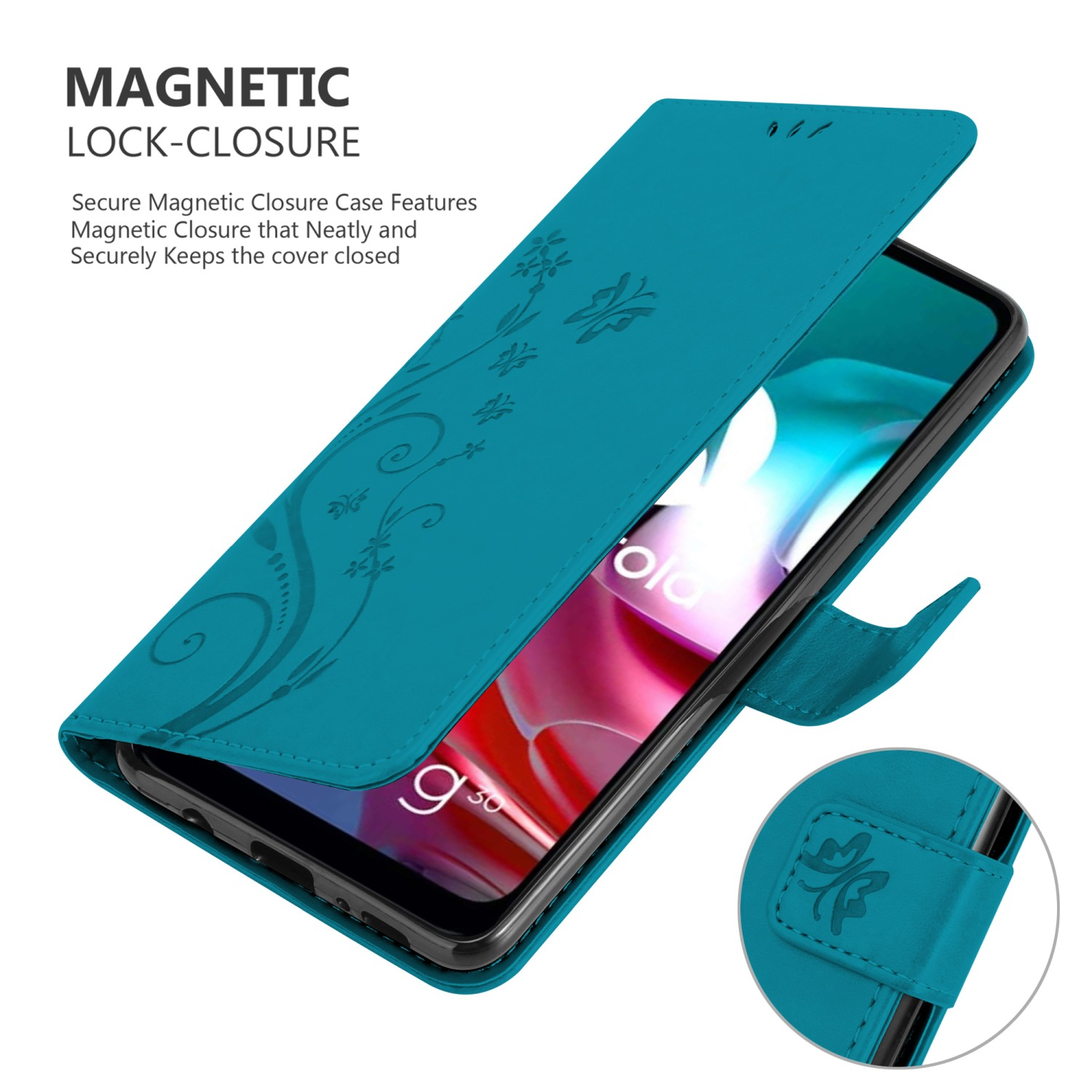 Una custodia per telefono color verde acqua con un design floreale, aperta, con la scritta 'Magnetic Lock-Closure'.