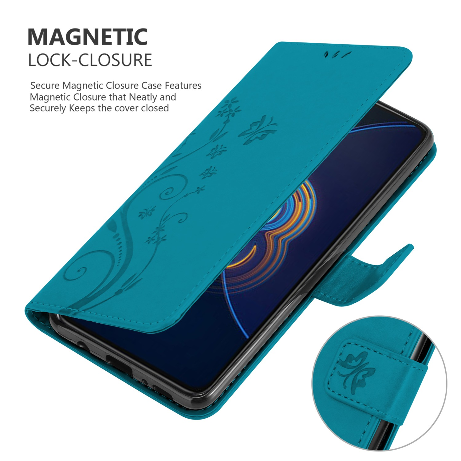 Custodia per telefono verde acqua aperta, con design floreale. Rilascia un telefono e una chiusura.