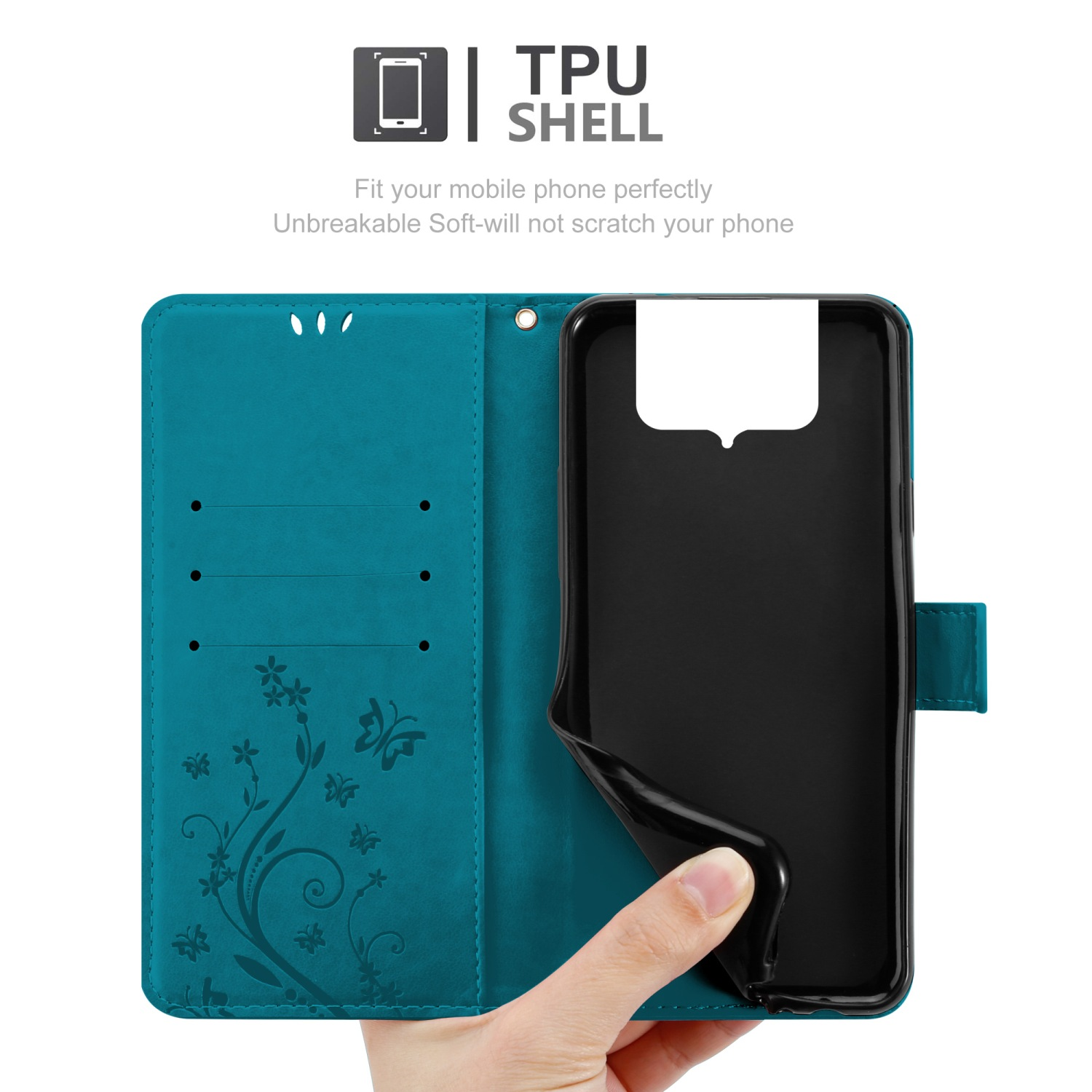 Custodia turchese per telefono, aperta. Telefono nero all'interno. Design floreale. Testo: TPU Shell. Sfondo bianco.