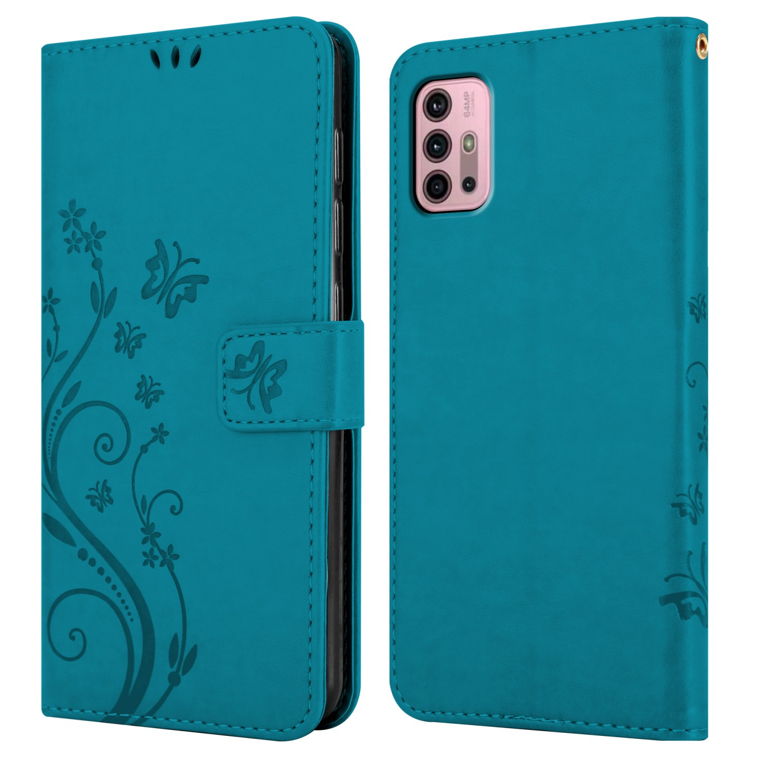 Custodia per telefono verde acqua aperta, con telefono all'interno. Motivi a farfalla sulla copertina.