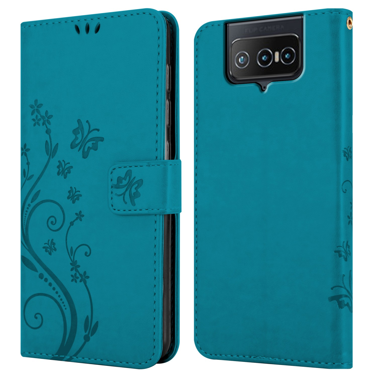 Custodia per telefono verde acqua, aperta, con design floreale. La custodia ha una chiusura magnetica. L'interno è rosa.