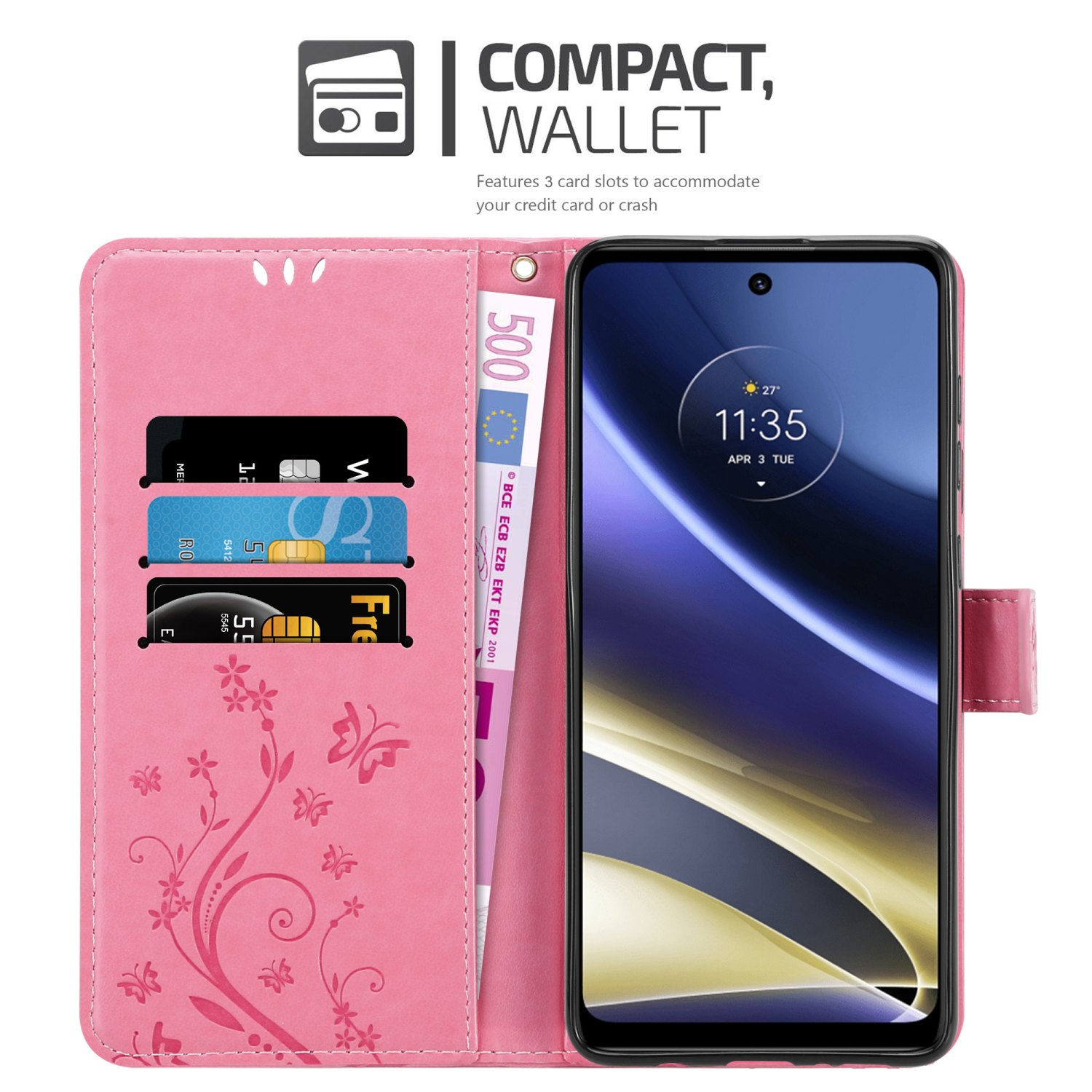 Una custodia per telefono rosa con un design floreale, aperta, che mostra carte, contanti e il telefono.