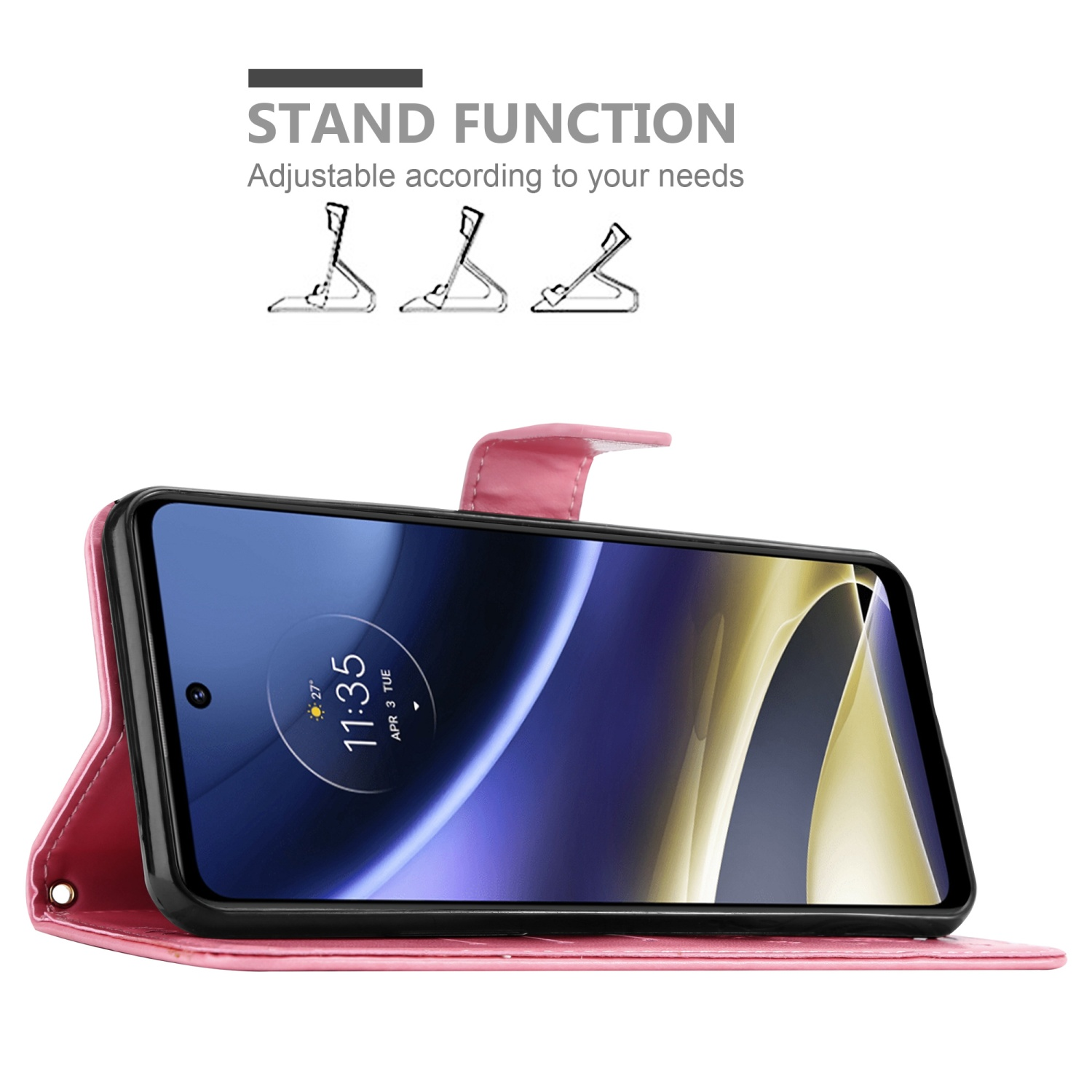 Custodia per telefono rosa con telefono all'interno su un tavolo. Funzione supporto visibile.