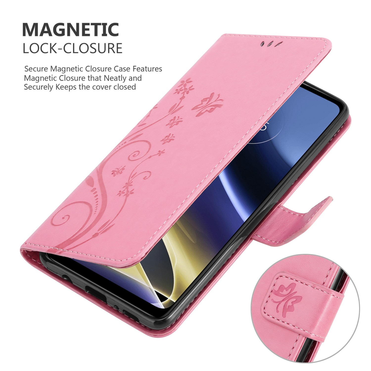 Una custodia rosa per telefono, aperta, con design floreale e chiusura magnetica. Lo schermo del telefono è visibile.