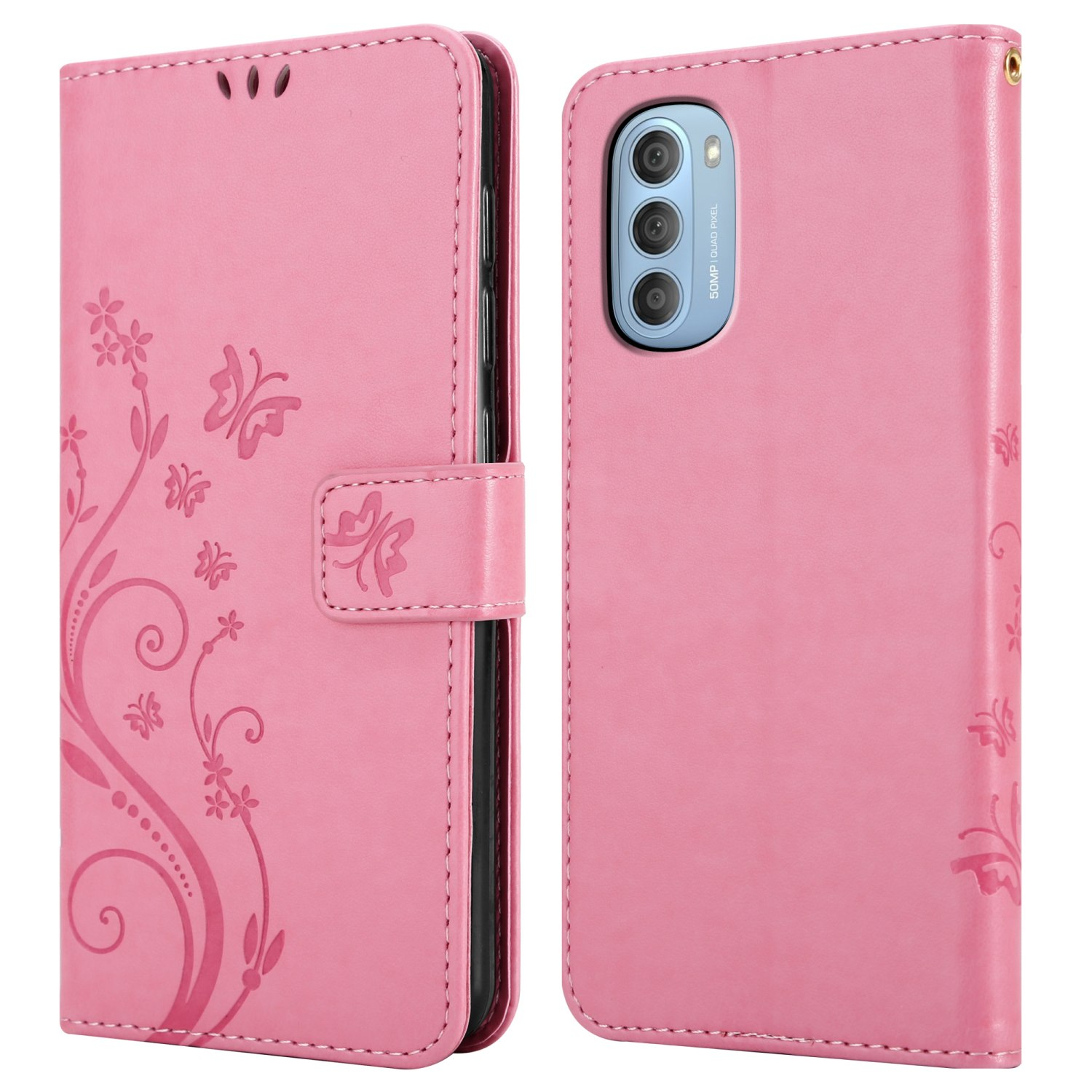 Custodia rosa con design floreale, aperta con telefono dentro, su sfondo bianco.