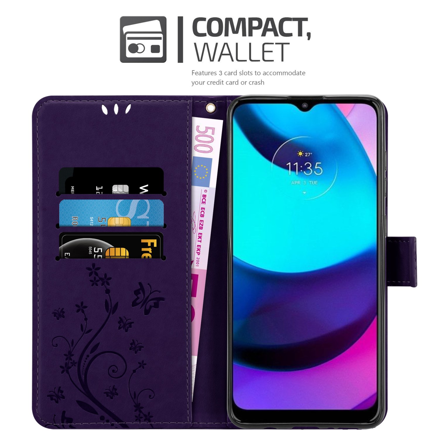Custodia viola per telefono aperta, che mostra telefono e fessure per carte. Una banconota da 500 euro.