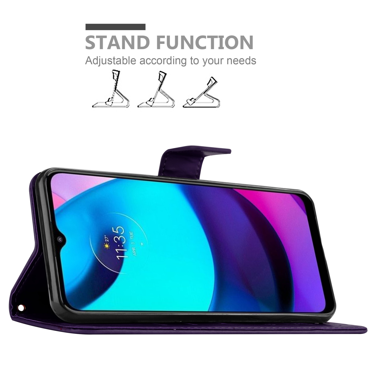 Custodia per telefono viola aperta, con telefono all'interno, grafica funzione supporto in alto. Sfondo bianco.
