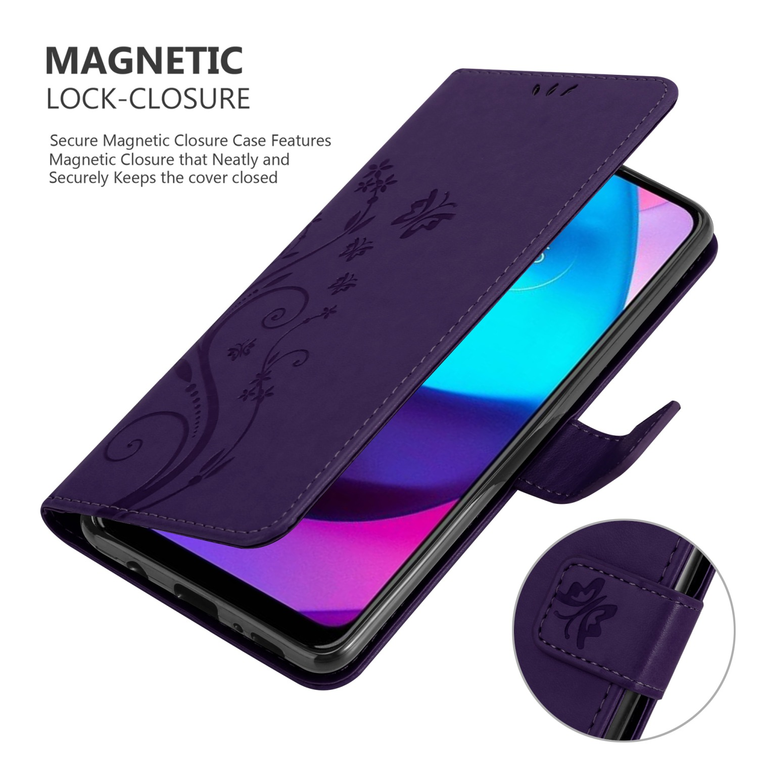 Custodia per telefono viola. Aperta, che mostra il telefono all'interno. Chiusura magnetica. Design floreale e primo piano della chiusura.