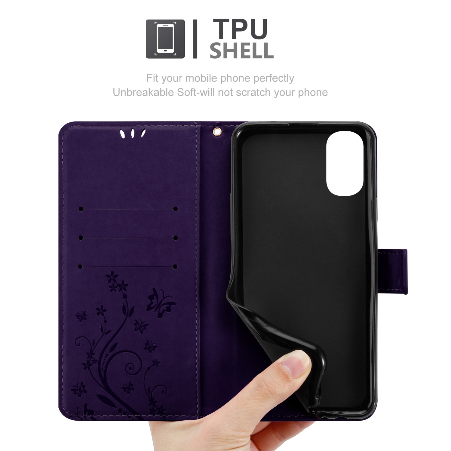 Custodia viola con design floreale, aperta. Mostra telefono e mano.