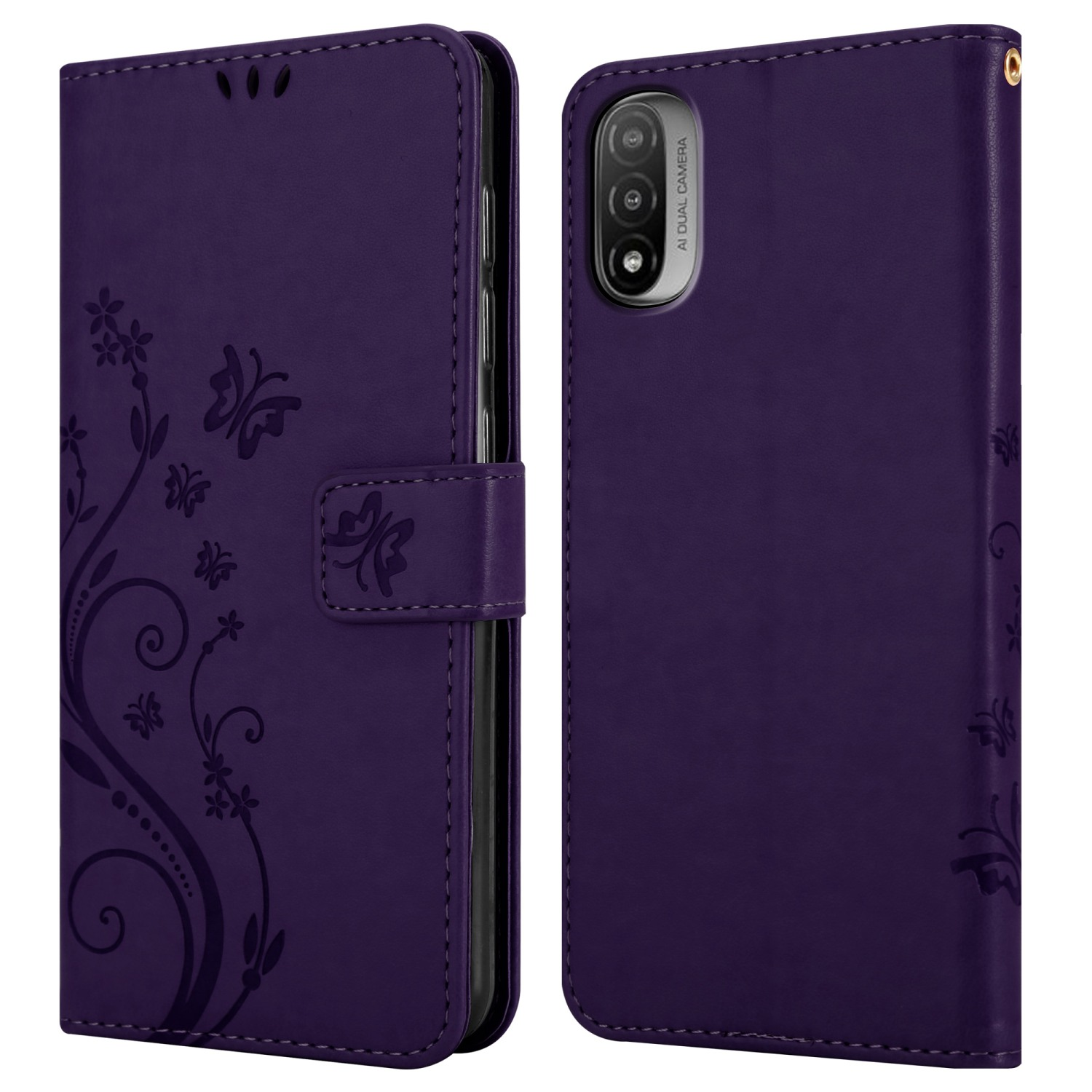 Custodia viola con design floreale, aperta e chiusa, che mostra telefono e fotocamera. Con doppia fotocamera AI.
