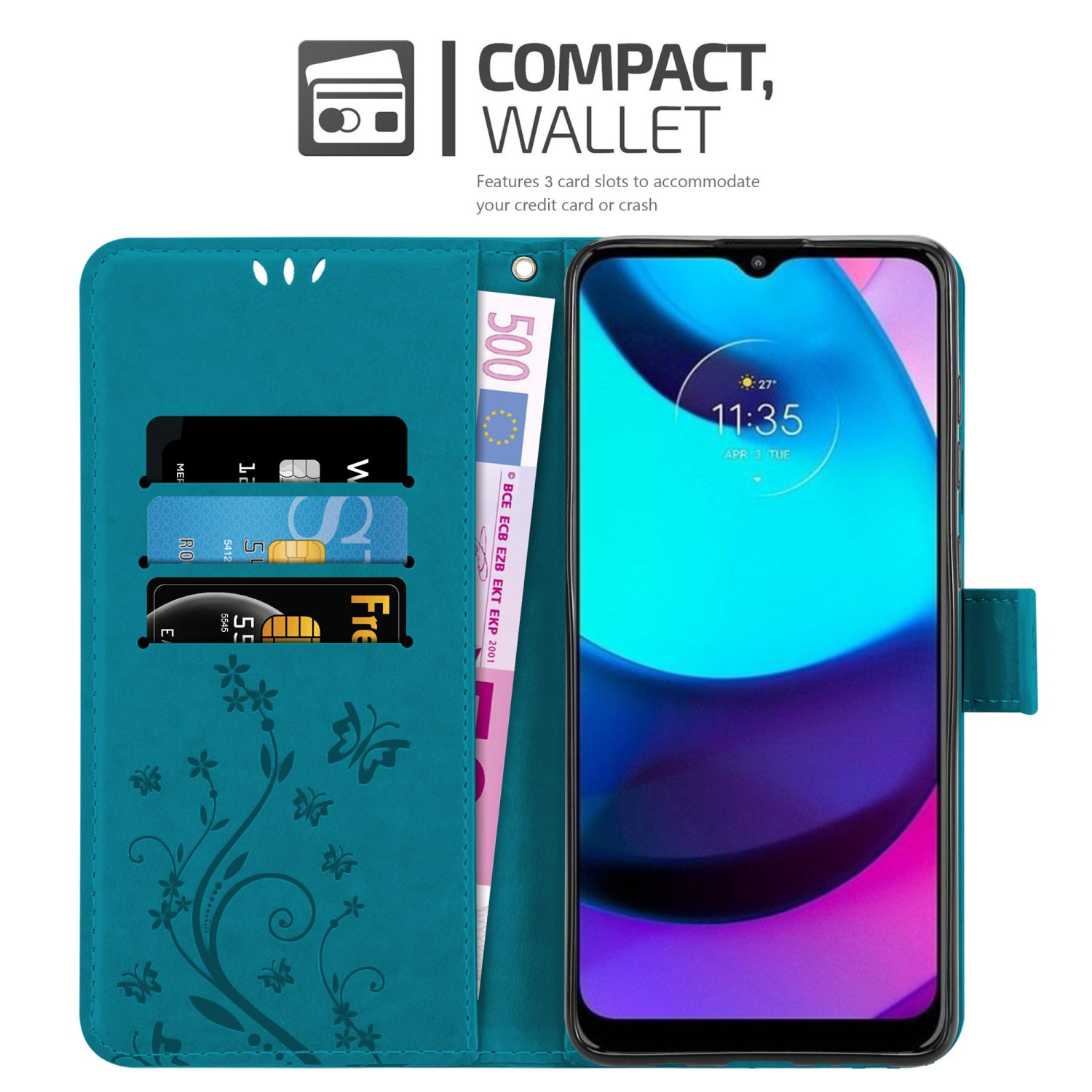 Una custodia per telefono verde acqua con carte e denaro all'interno e un telefono che mostra l'ora. Presenta un design a portafoglio.